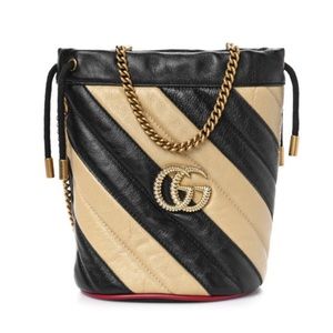 Gucci Azalea Calfskin Diagonal Mini GG Marmont 2.0 Bucket Bag Black Beige